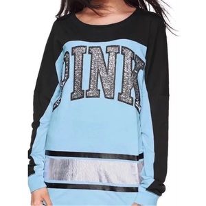 Victorias Secret Pink Baby Blue BLING Foil Varsity Crew Tee Sweatshirt